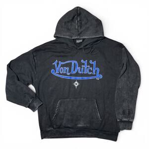 Von Dutch Hoodie Men’s L NWT Black Acid Wash Blue Logo Streetwear Pullover